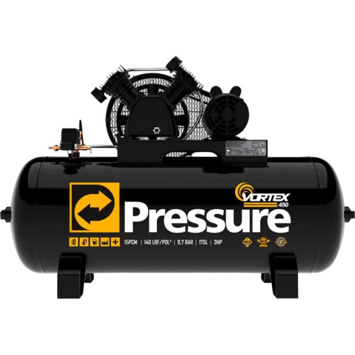O Compressor Vortex 450 140PSI oferece alta potência e eficiência, com reservatório de 175L e 15 PCM de fluxo. Ideal para oficinas e indústrias exigentes.