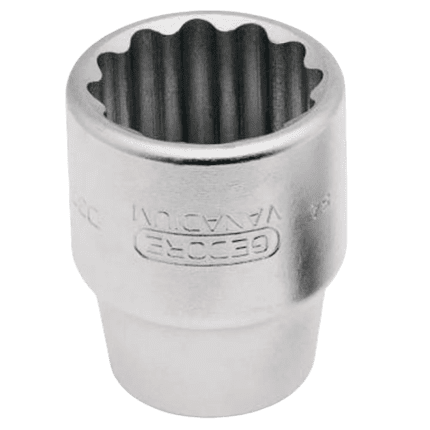 Soquete estriado com encaixe de 3/4 polegada da marca GEDORE, fabricado em aço cromo-vanádio, com acabamento cromado, ideal para uso profissional em mecânica pesada.