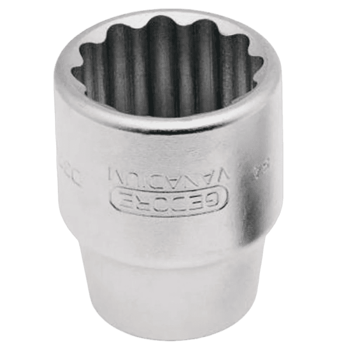 Soquete estriado com encaixe de 3/4 polegada da marca GEDORE, fabricado em aço cromo-vanádio, com acabamento cromado, ideal para uso profissional em mecânica pesada.